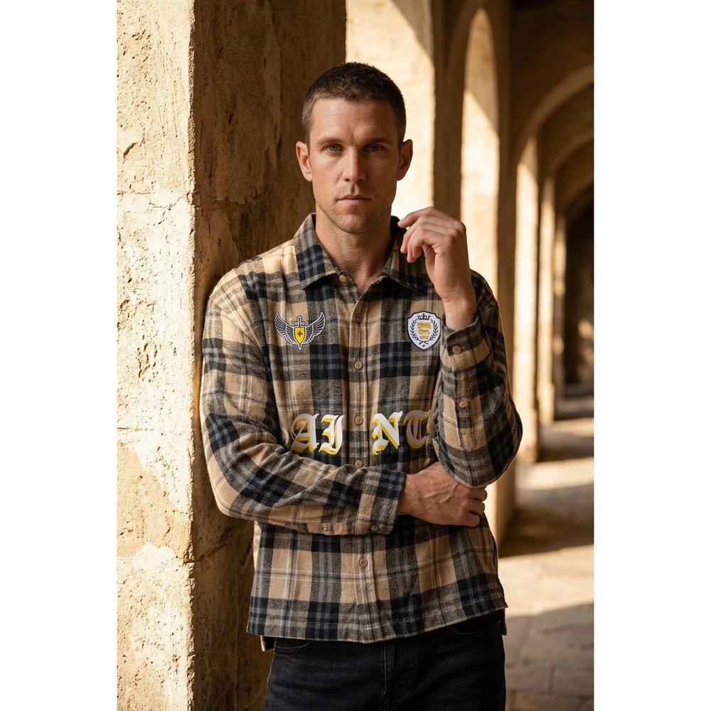 Saints Studio Mens L Taupe Black Plaid Flannel Graphic Button Up Shirt Large NWT